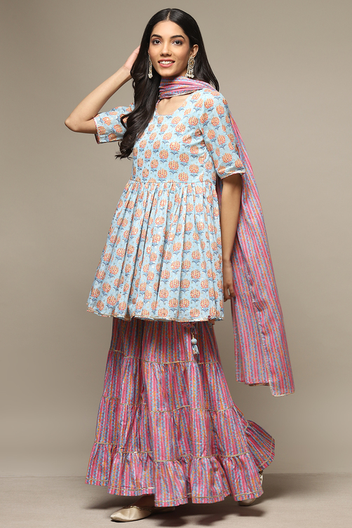 Light Blue Cotton Straight Kurta Garara Suit Set