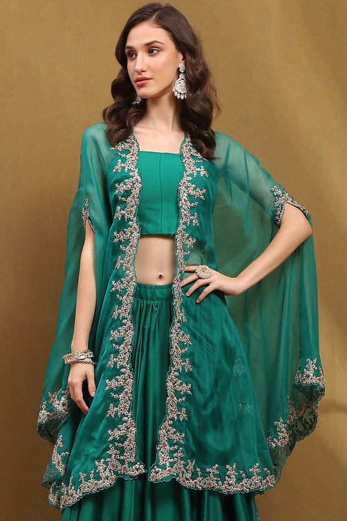 Green Silk Chanderi Festive Flared Lehenga Set