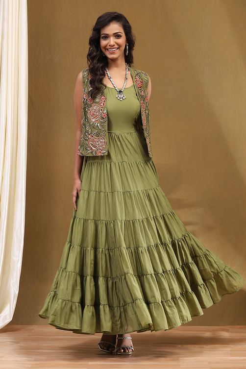 Green Georgette Festive Tiered Anarkali Dress