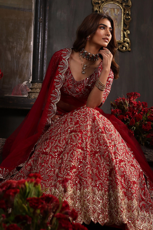 Berry Red Zari Embroidered Lehenga Set
