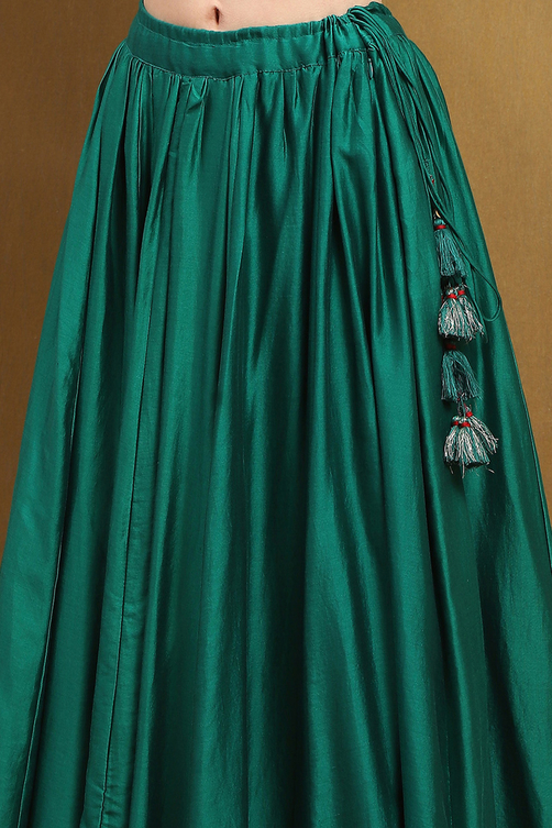 Green Silk Chanderi Festive Flared Lehenga Set