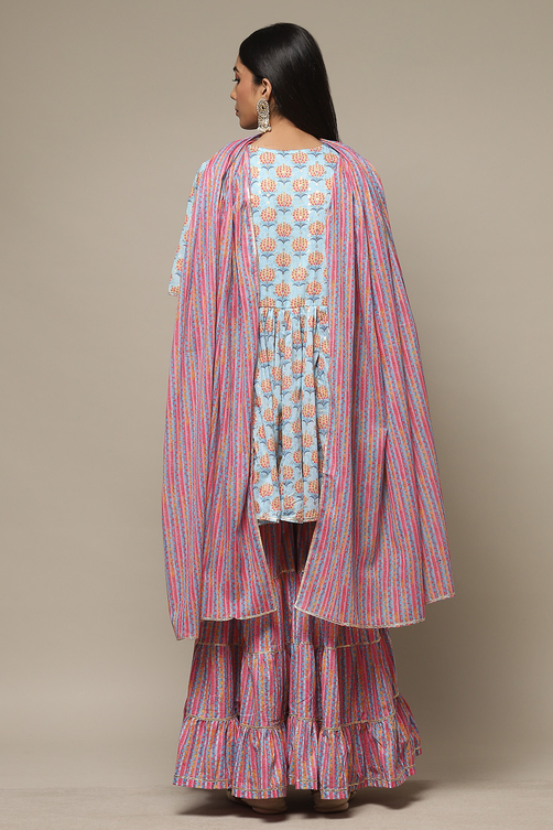 Light Blue Cotton Straight Kurta Garara Suit Set