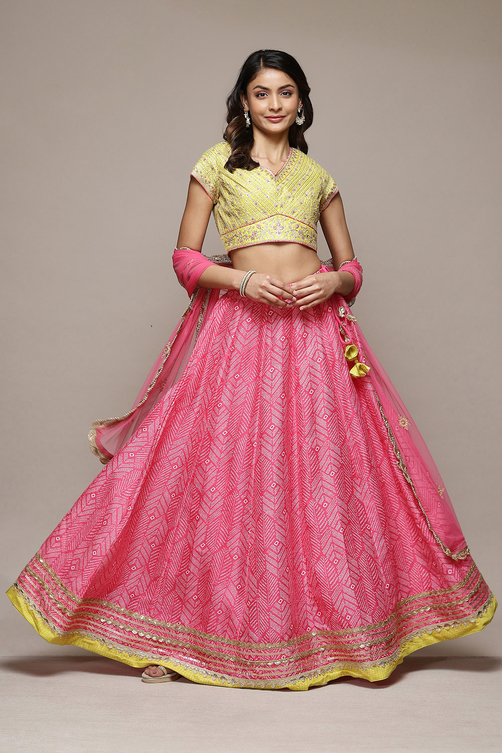 Fuschia & Lime Green Cotton Blend Lehenga Set