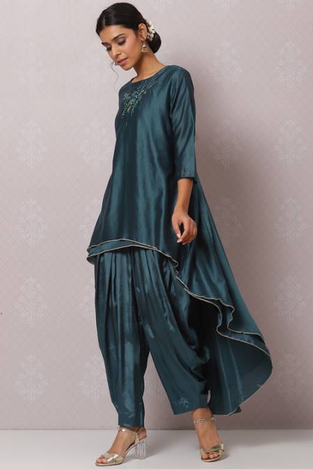 Teal Flared Cotton Silk Fusion Wear 2 Piece Set